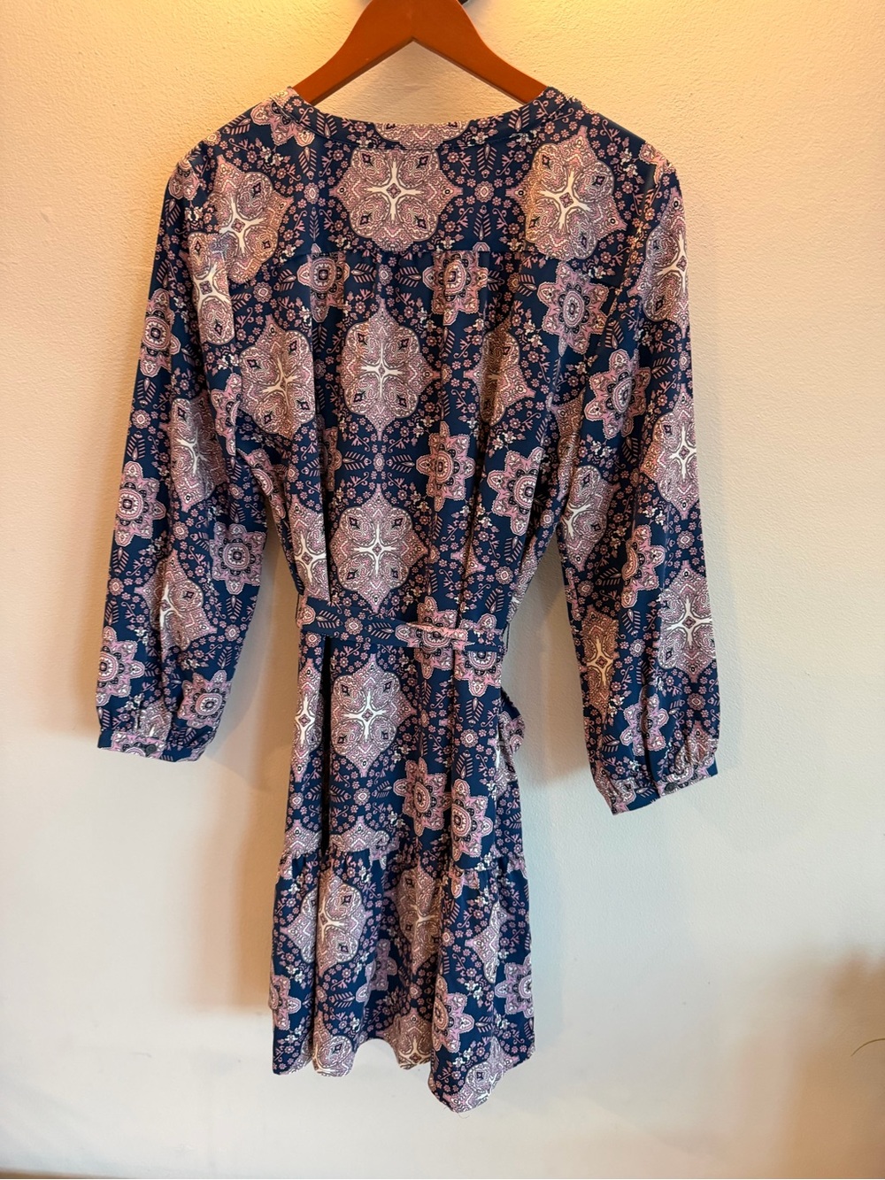 LOFT Navy Blue Printed Long-Sleeve Tie-Waist Dress - Picture 3 of 4